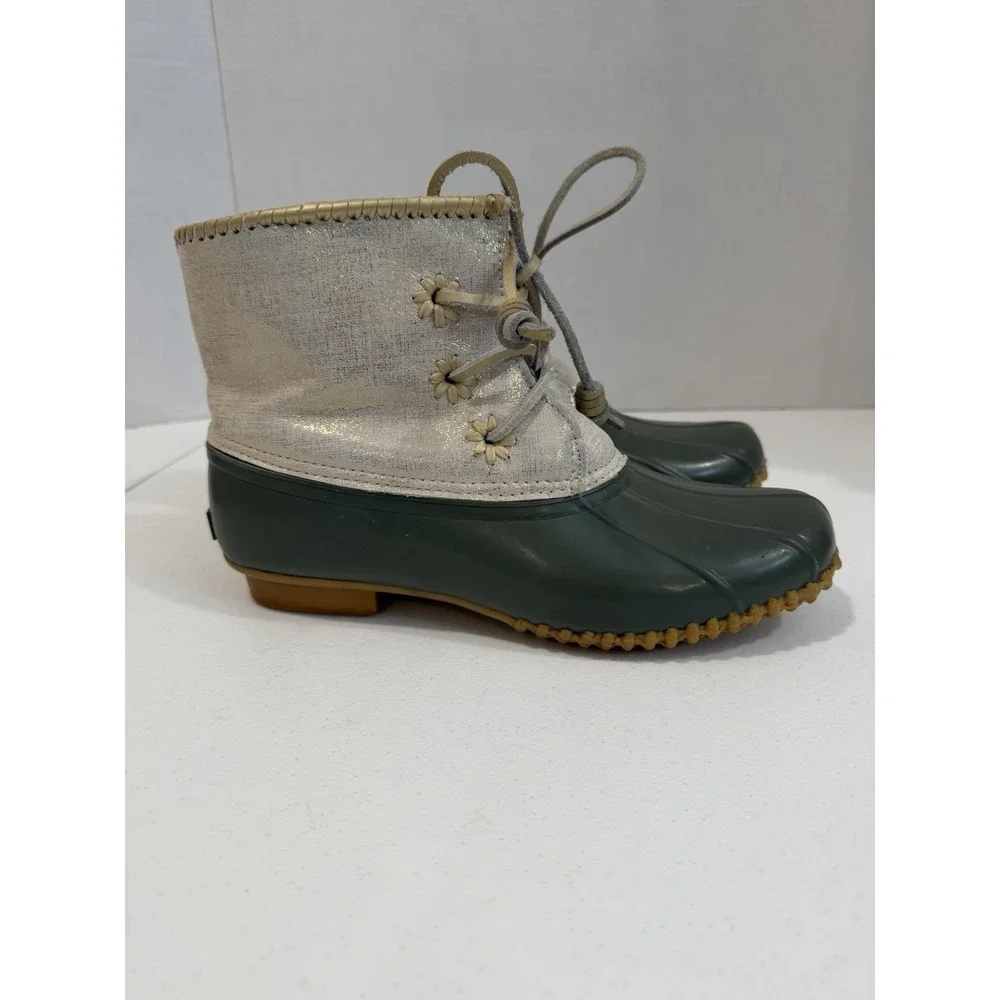 Jack Rogers Women's Duck Rain Boots Size 10 Green Rubber Cream Lace Up